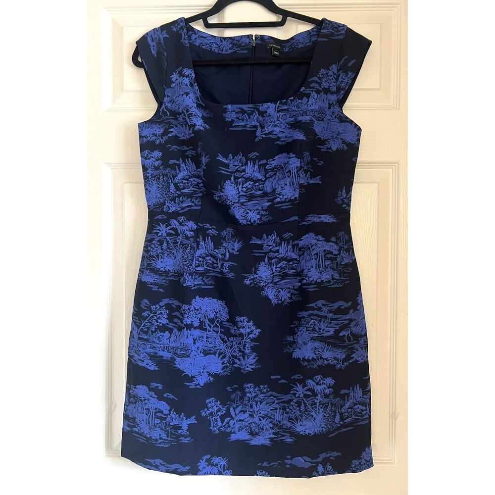 Ann Taylor Chinoiserie Toile Sheath  Dress Size 6 Navy Blue French Country